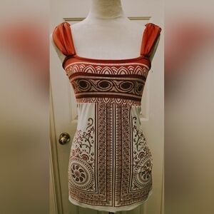 Vtg 90s Burnt Orange Polynesian Geometric Pattern Babydoll Top w Wide Mesh Strap